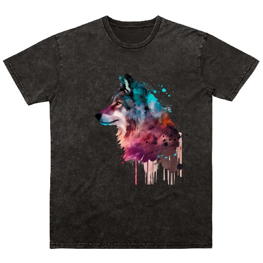 Wolf Multicolor Watercolor Portrait Mineral Wash T Shirts