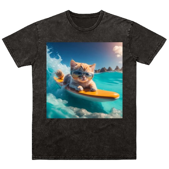 A cute cat surfing in the blue water Mineral Wash T Shirts