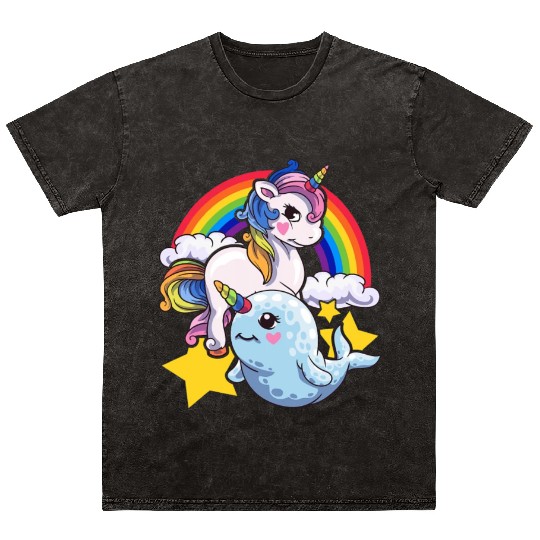 Cute Horned Narwhal And Unicorn Animal Friends Mineral Wash T Shirts