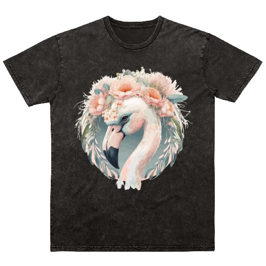 Cute White Flamingo Exotic Bird Flower Crown Tropi Mineral Wash T Shirts