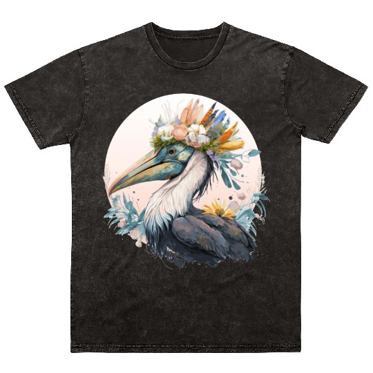 Cute Pelican Bird Flower Crown Floral Birds Mineral Wash T Shirts