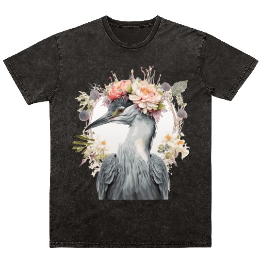 Watercolor Heron Freshwater Bird Flower Crown Flor Mineral Wash T Shirts