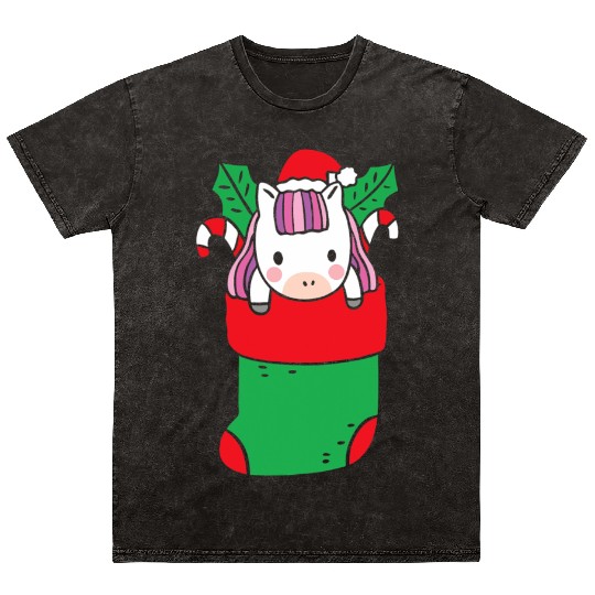 Cute Unicorn inside Christmas Sock with Candy Cane Mineral Wash T Shirts