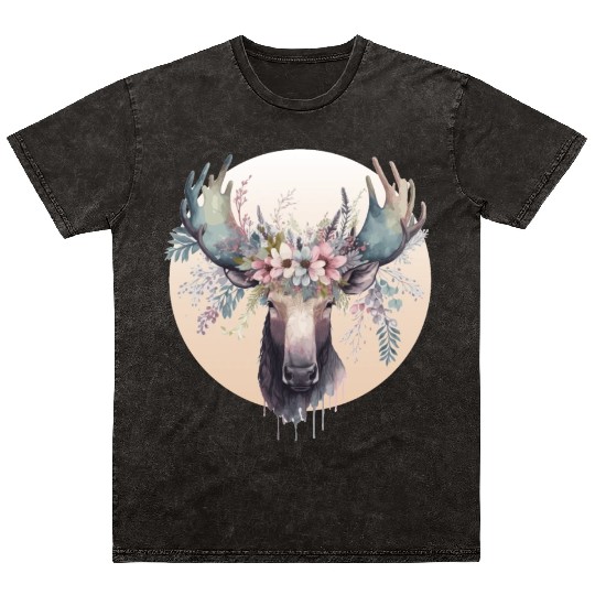 Cute Moose Flower Crown Animal Lovers Mineral Wash T Shirts