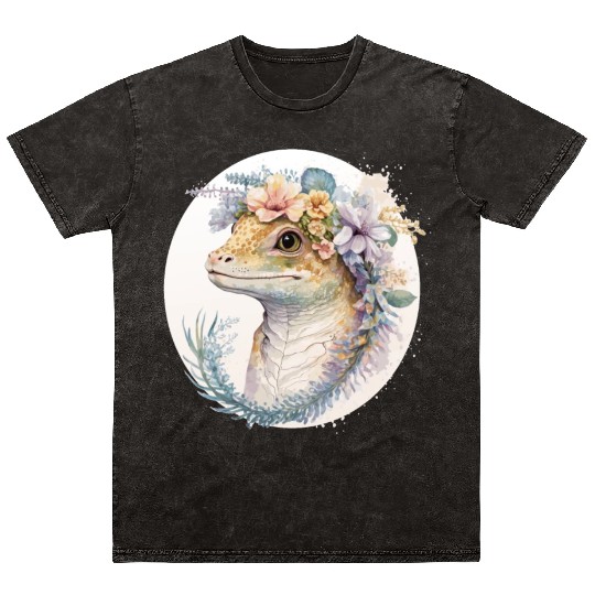 Watercolor Gecko Reptile Flower Crown Floral Amphi Mineral Wash T Shirts