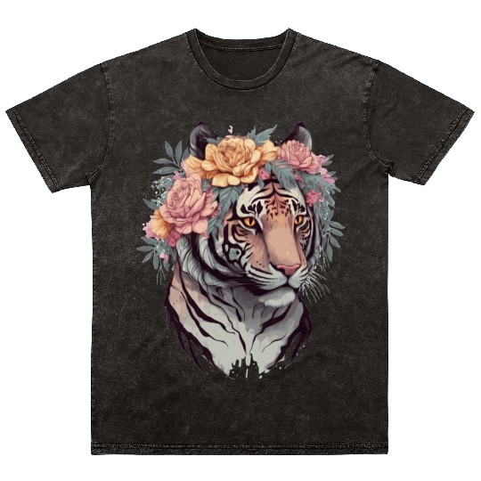 Floral Watercolor Tiger Flower Crown Tiger Lover Mineral Wash T Shirts