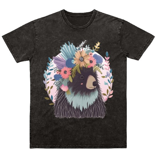 Cute Porcupine Flower Crown Watercolor Floral Mineral Wash T Shirts