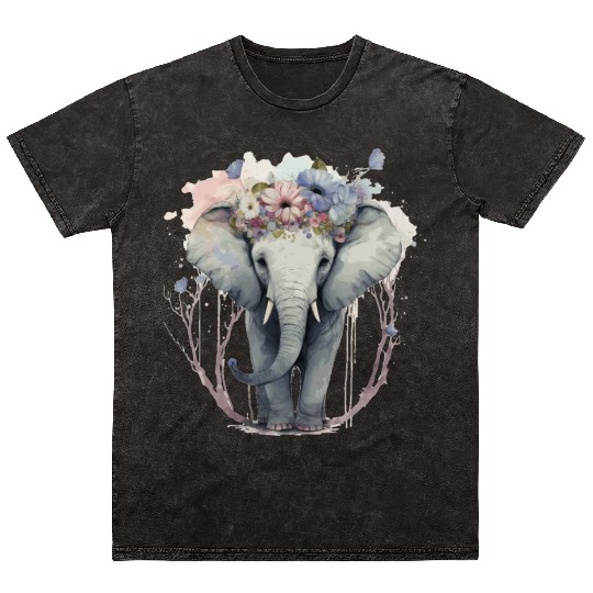 Cute Elephant Flower Crown Floral Boho Aesthetic Mineral Wash T Shirts