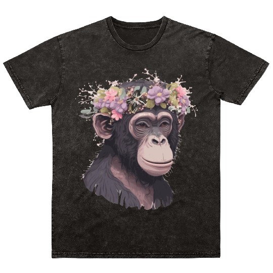 Cute Chimp Chimpanzee Flower Crown Floral Ape Monk Mineral Wash T Shirts