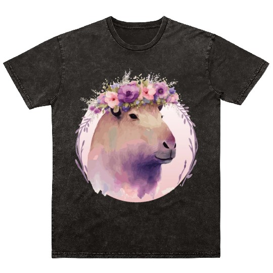 Cute Capybara Rodent Flower Crown Floral Watercolo Mineral Wash T Shirts