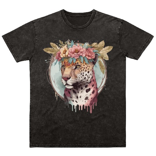 Flower Crown Jaguar Floral Animal Lovers Mineral Wash T Shirts