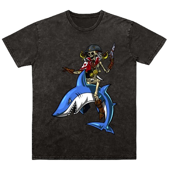 Skeleton Pirate Sailor Riding Shark Ocean Fantasy Mineral Wash T Shirts