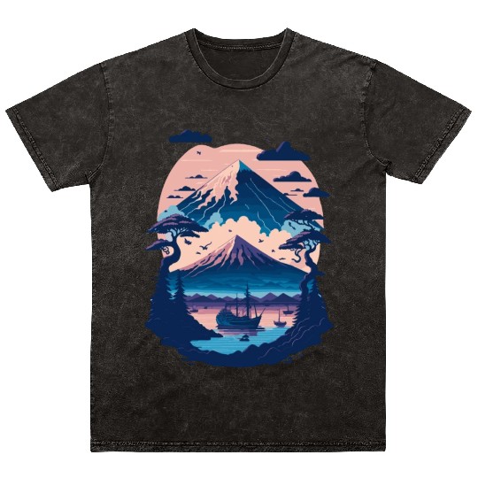 Serene Mount Fuji Sunset Peaceful River Scenery Mineral Wash T Shirts