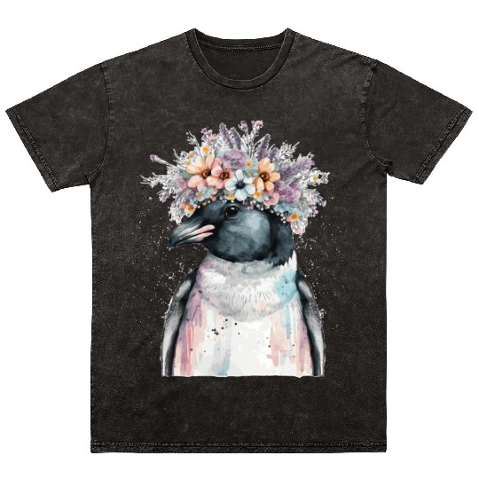 Cute Penguin Seabird Flower Crown Floral Birds Mineral Wash T Shirts