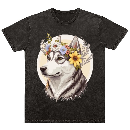 Cute Siberian Husky Flower Crown Pet Dog Breed Pup Mineral Wash T Shirts