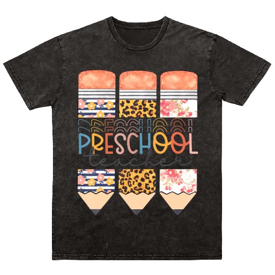Preschool Teacher Funny Leopard Pencil Back To Sch Mineral Wash T Shirts