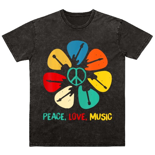 Peace Love Music Guitar Flower Rock And Roll Mineral Wash T Shirts