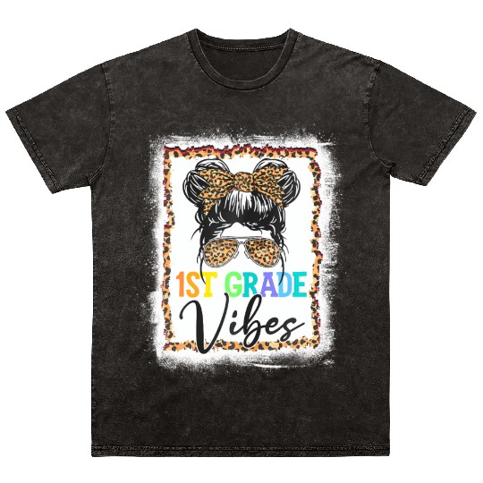 Leopard Messy Bun Bleached Girls 1st Grade Back To Mineral Wash T Shirts