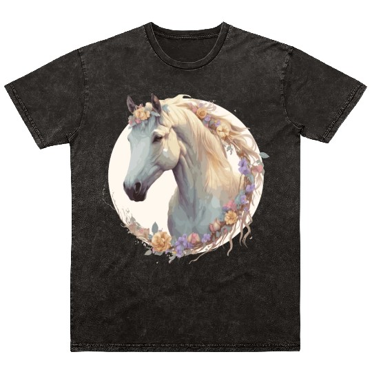 Cute Watercolor Flower Horse Chinese Zodiac Animal Mineral Wash T Shirts