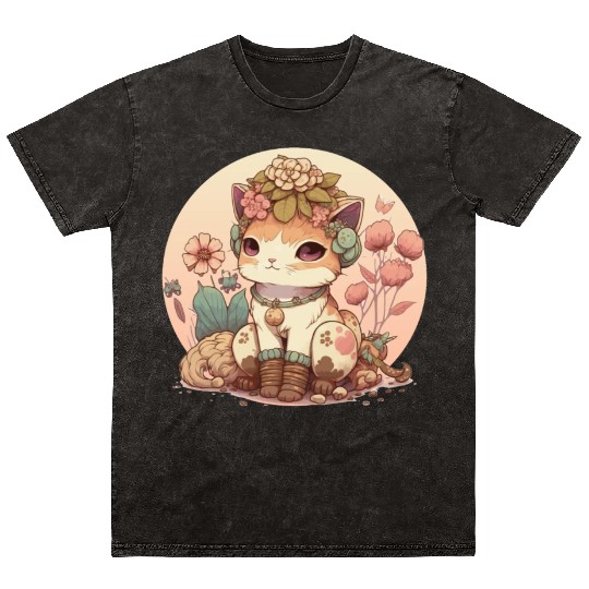 Cottagecore Cute Baby Cat Kitten Flower Anime Sola Mineral Wash T Shirts