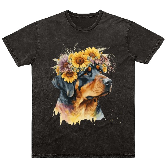 Cute Rottweiler Sunflower Dog Breed Pet Puppy Mineral Wash T Shirts