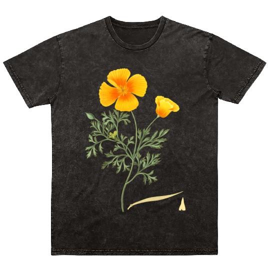 Californian Poppy Botaal Illustration Flower Mineral Wash T Shirts