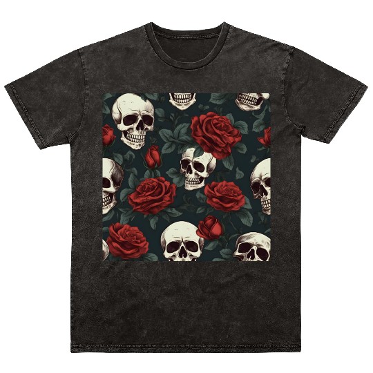 Dark Elegant Gothic Pattern Skulls & Red Roses Mineral Wash T Shirts
