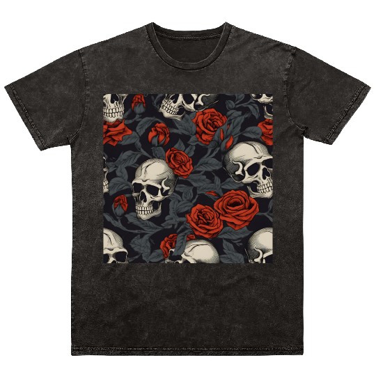 Red Roses & Skulls Pattern Dark Elegant Gothic Mineral Wash T Shirts
