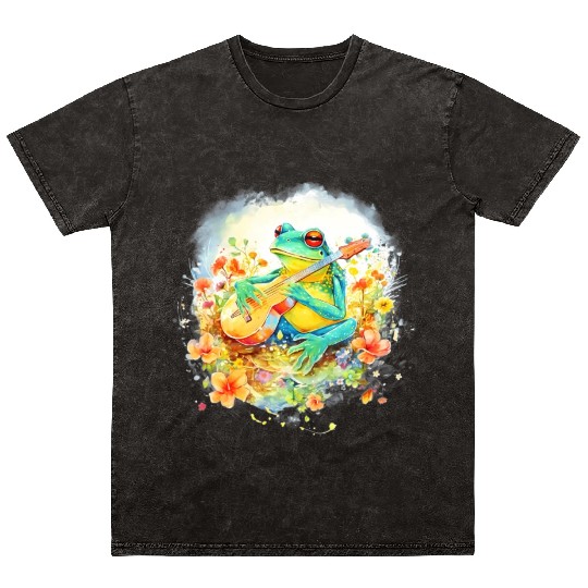 Cottagecore Frog Playing Banjo Guitar Amphibian Mineral Wash T Shirts