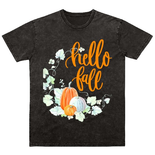 Hello Fall, Autumn leaves, Pumpkins and fall Mineral Wash T Shirts