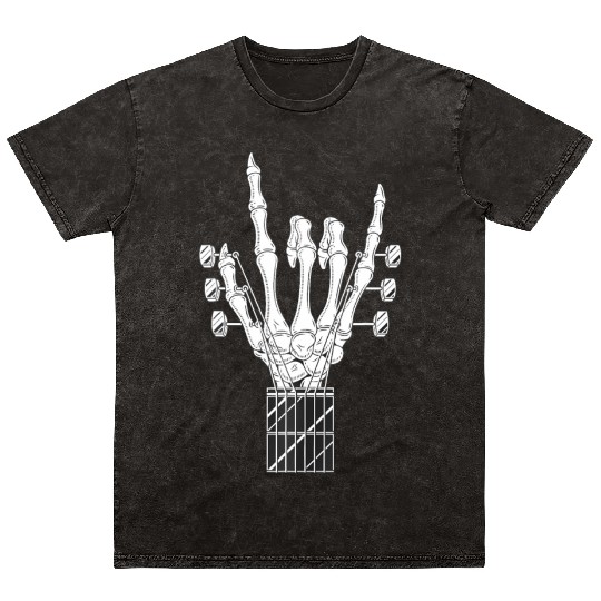 Rock & Roll Skeleton Rocking Hand Guitar Music Mineral Wash T Shirts