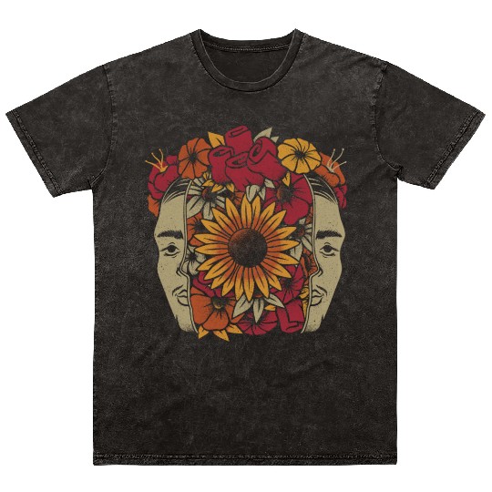 Frida Kahlo Head Flowers Mineral Wash T Shirts