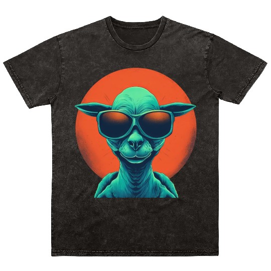 Cool Alien and Lama in Orange and Green Mineral Wash T Shirts