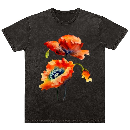 RED POPPIES Mineral Wash T Shirts, WATERCOLOR RED POPPIES TOP
