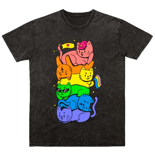 Cat Stack Rainbow Gay Pride Cute LGBT Animal Pet Mineral Wash T Shirts