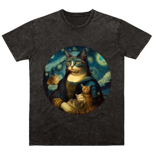 Mona Lisa With Cats Starry Night Van Gogh Painting Mineral Wash T Shirts