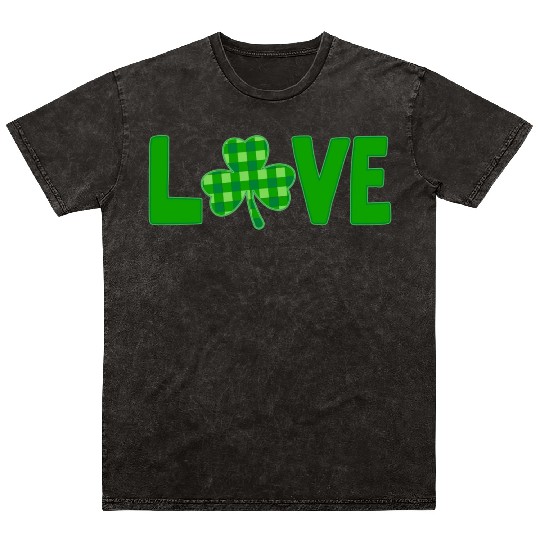 Love Green typography with a green plaid shamrock Mineral Wash T Shirts