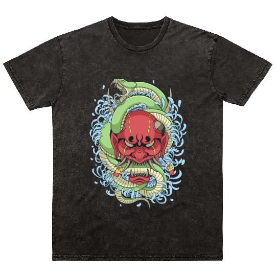 Japanese oni mask with peony flower and greem snak Mineral Wash T Shirts