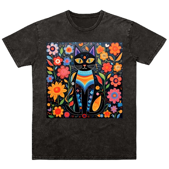Folk Art Cat Floral Mineral Wash T Shirts