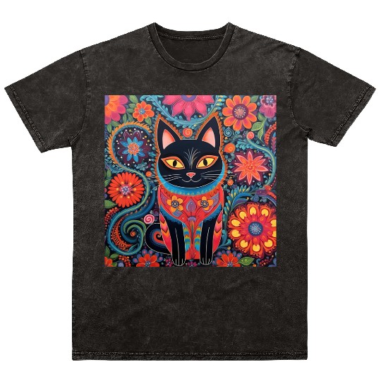 Folk Art Cat Floral Mineral Wash T Shirts