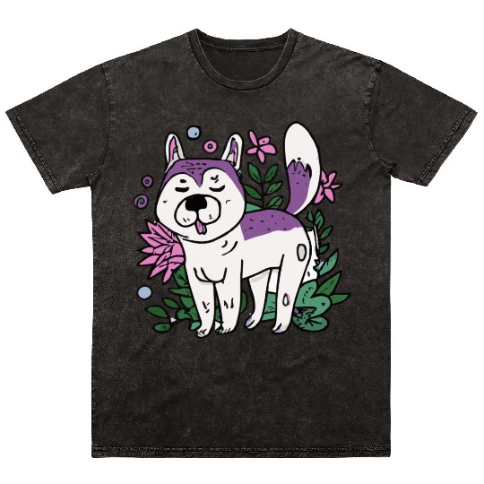 Husky With Plants And Flowers Dog Lover Malamute Mineral Wash T Shirts