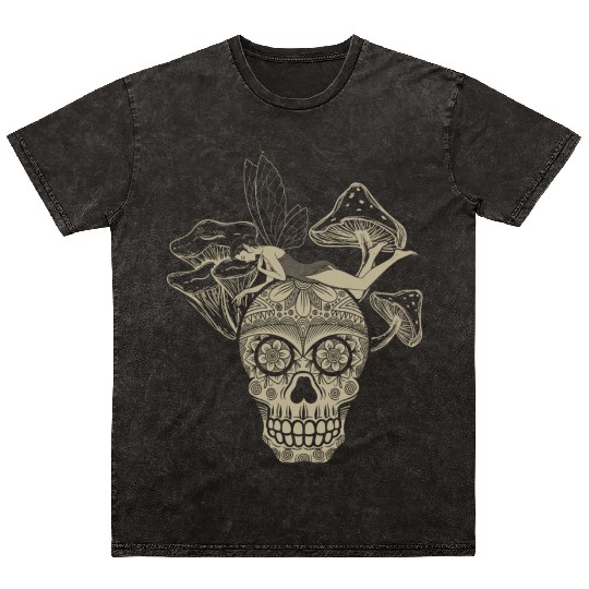 Fairy Mineral Wash T Shirts, Fairycore Skull Skeleton And