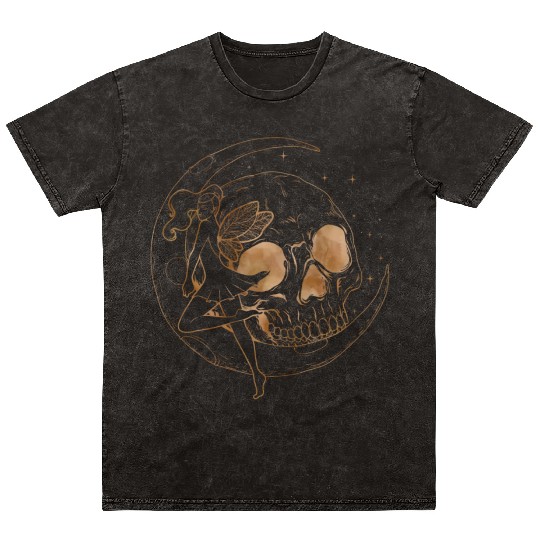 Fairy Mineral Wash T Shirts, Fairycore Skull Skeleton And Moon