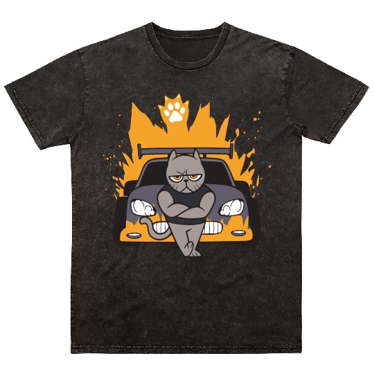 Muscle Cat On Car Mineral Wash T Shirts
