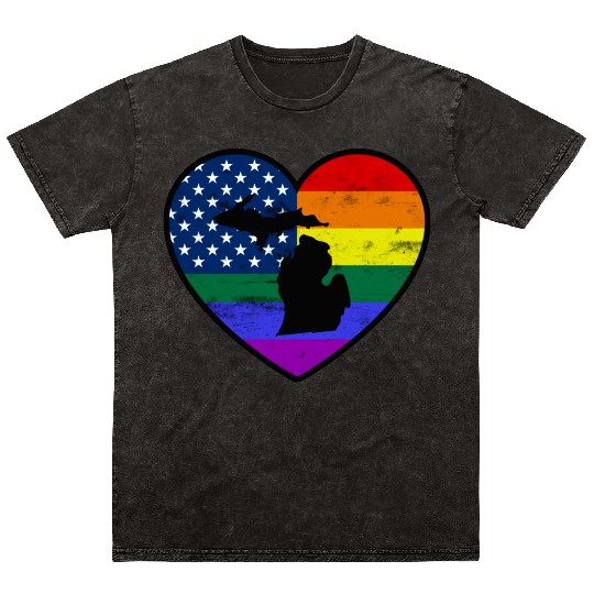 Michigan United States Gay Pride Flag Heart Mineral Wash T Shirts