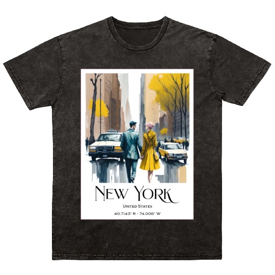 Watercolor painting loving couple in New York City Mineral Wash T Shirts