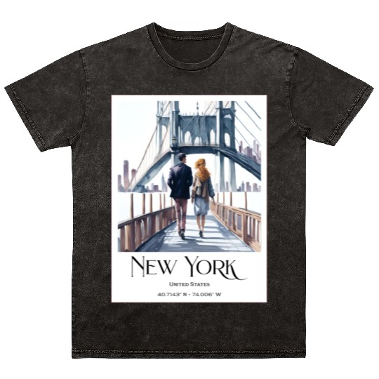 Watercolor painting loving couple in New York City Mineral Wash T Shirts