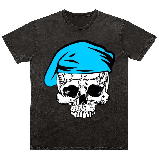 Skeleton skull blue beret military Mineral Wash T Shirts