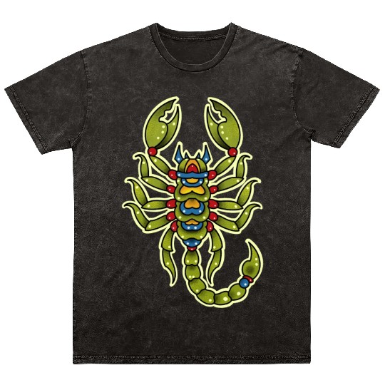 Neotraditional Scorpio In Green Mineral Wash T Shirts
