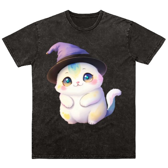 Cute Watercolor Witch Cat Mineral Wash T Shirts